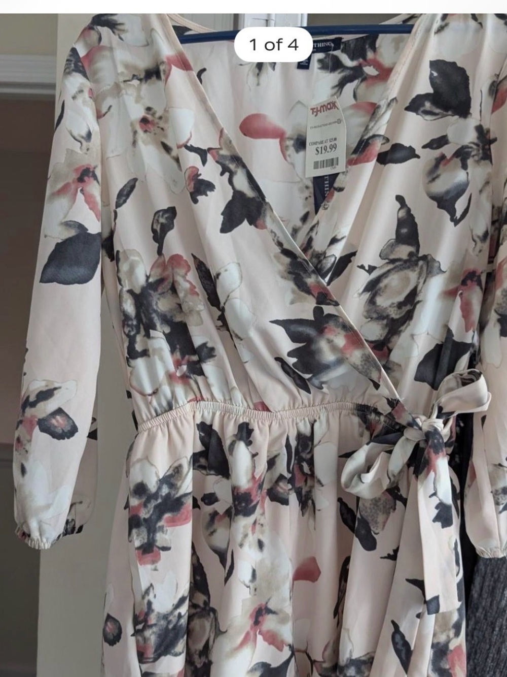 one clothing Cream Floral Wrap Dress with Black and Pink Accents
